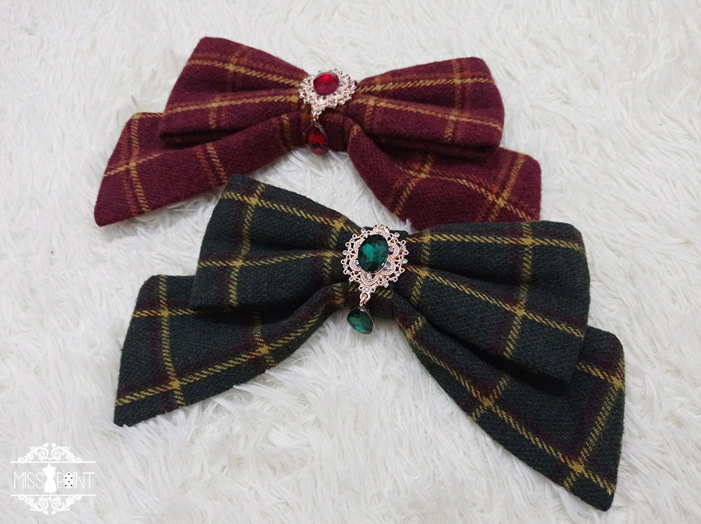 Miss point~Rose Silhouette~Lace Bow KC Lolita Accessories burgundy plaid bow clips  