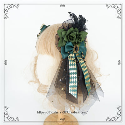 Fox Cherry~Green Lattice Rabbit Ear Bow Lolita Hat Headdress   
