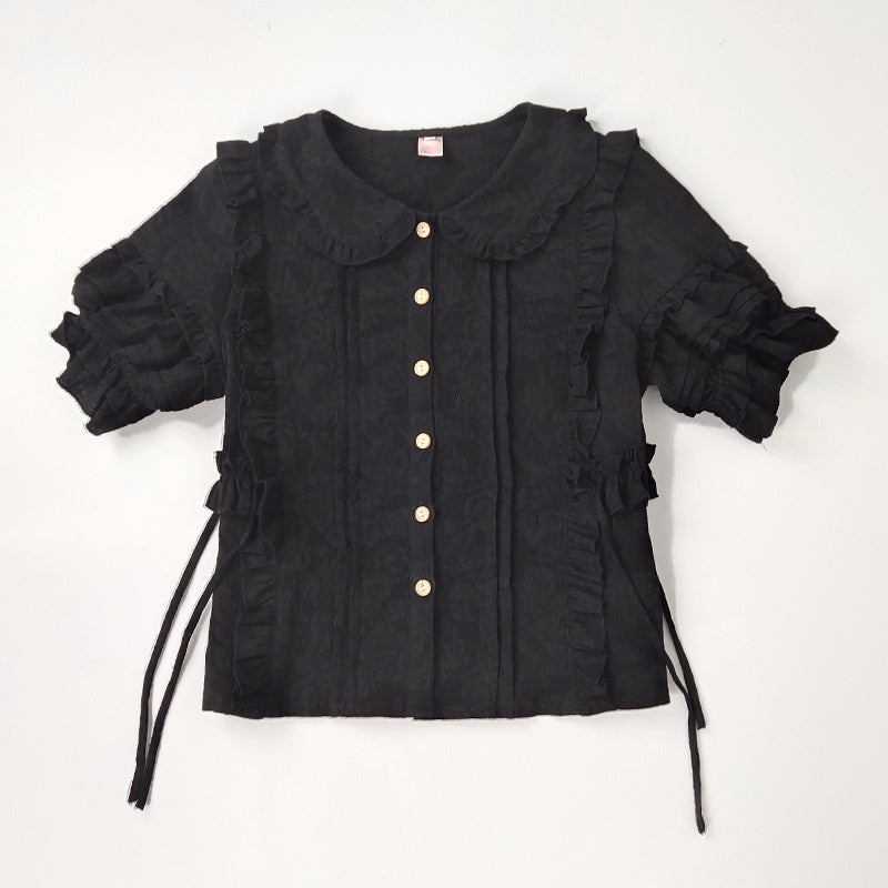 Sakurada Fawn - Plus Size Lolita Short Sleeve Cotton Blouse (2XL 3XL 4XL 5XL L M S XL / black) 1622:48515