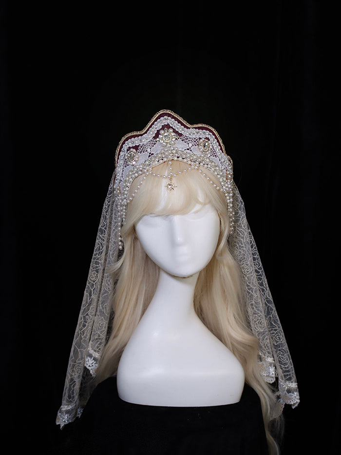 Alice Girl~Girl Anniversary~Multicolor Lolita Crown With Veil wine red large crown headwear  