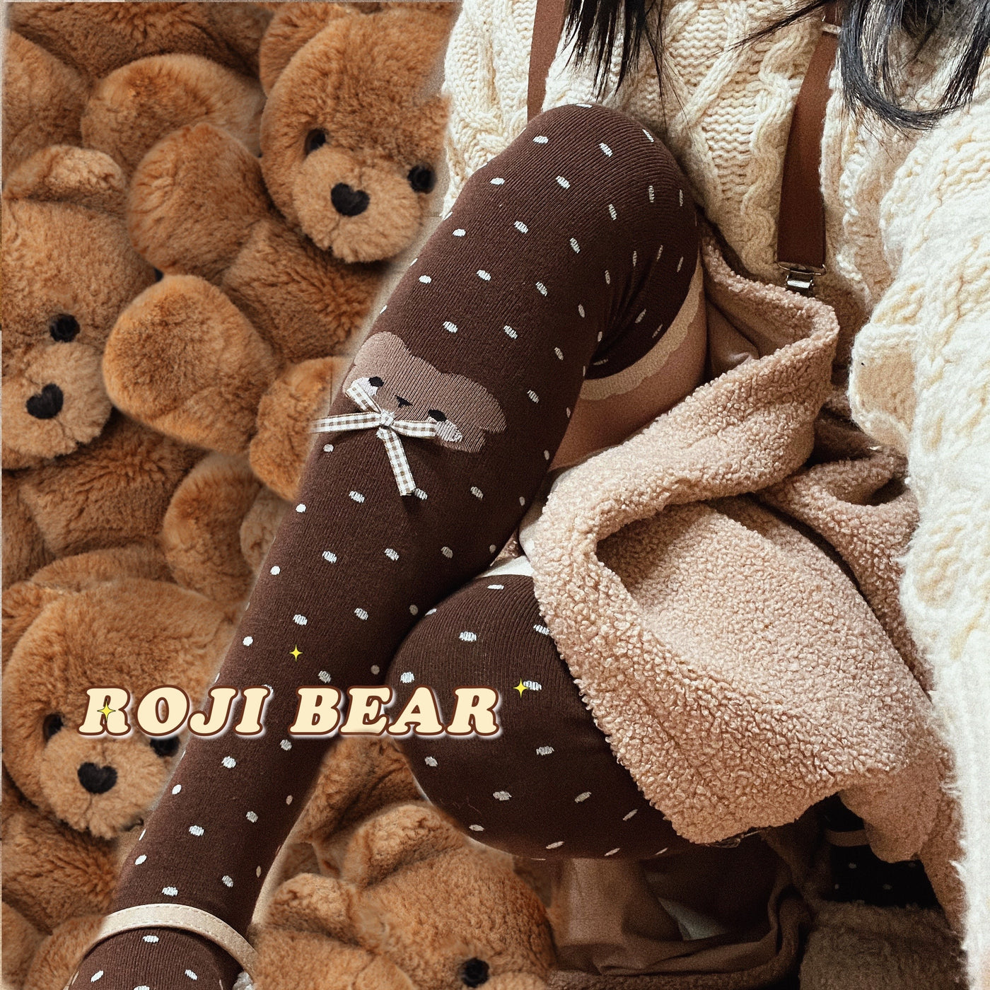 Roji roji~Bear Dots Bow Cotton Lolita Thigh Stockings free size(over knee) brown 
