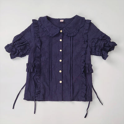 (BuyForMe) Sakurada Fawn~Sweet Lolita Short Sleeve Cotton Plus Size Blouse S navy blue 