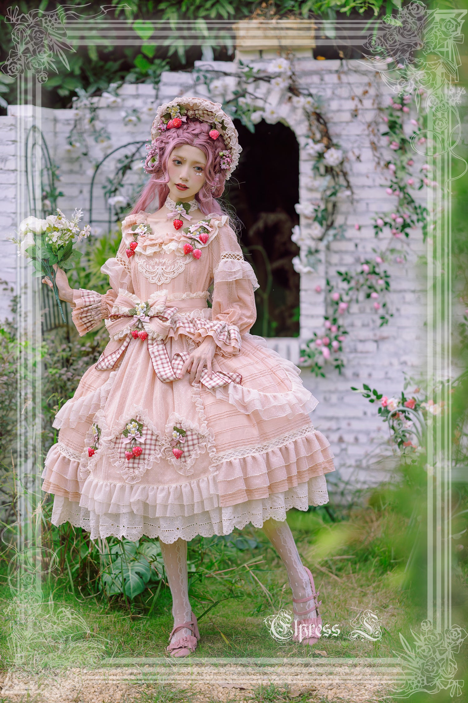 Elpress L - Peach Fragrance - Country Lolita Multicolors Strawberry Lolita OP Dress