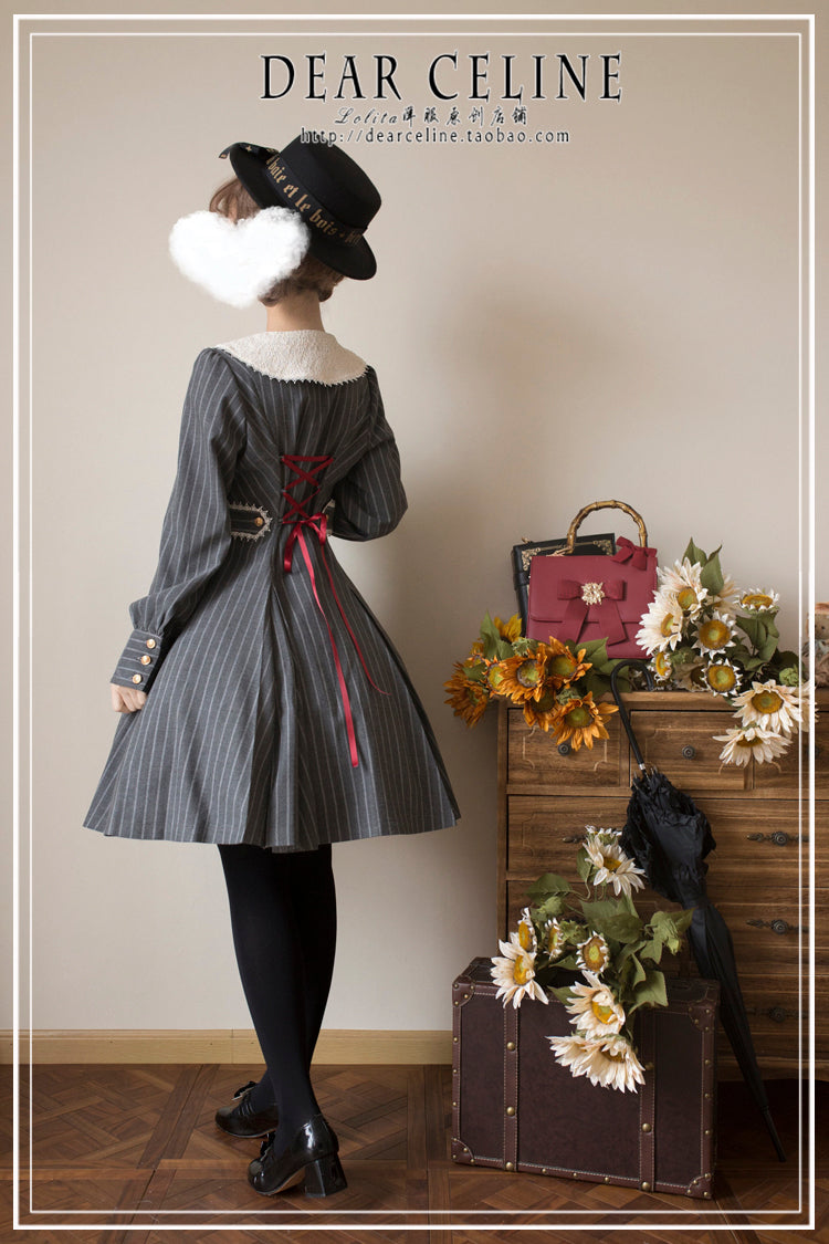 DearCeline~Vintage Two-breasted Stripe Trench Coat Lolita OP   