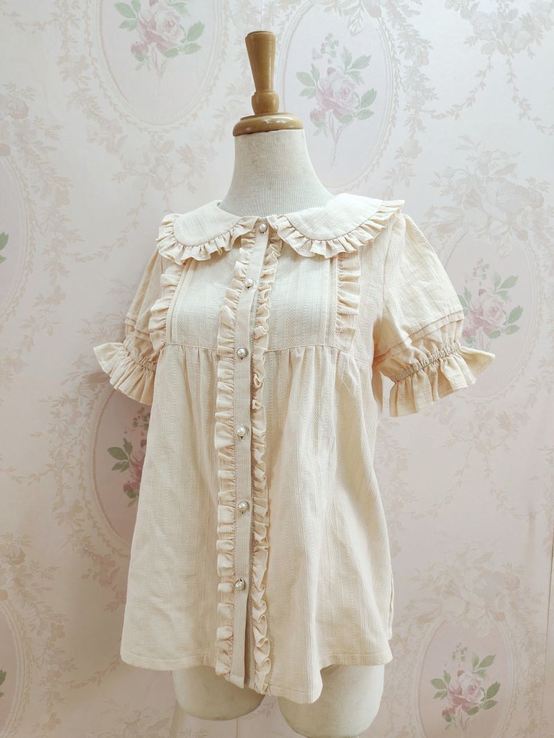 Yilia~Ruffle Lace Lolita Short Sleeve Cotton Shirt XS apricot 