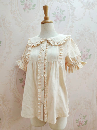 Yilia~J-fashion Short Sleeve Cotton Lolita Blouse XS apricot 