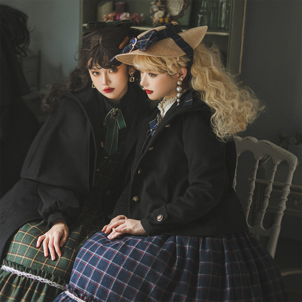 Miss Point~Rose Silhouette~Vintage Woolen Cape Hooded Long Coat XS black hooded short coat 