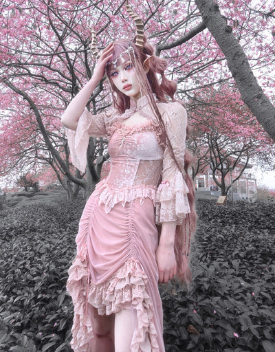 Blood Supply~Sakura Nightmare~Pink Gothic Velvet Drawstring Dress   
