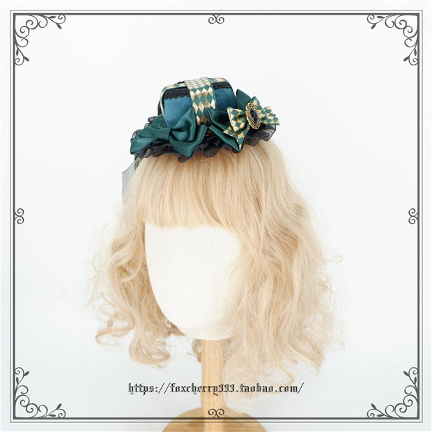 Fox Cherry~Green Lattice Rabbit Ear Bow Lolita Hat Headdress 7082:81034