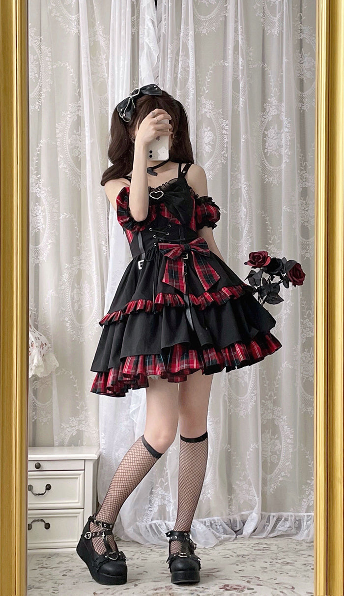 Alice Girl~Black Lolita Dress~Little Spicy Plaid JSK Dress   