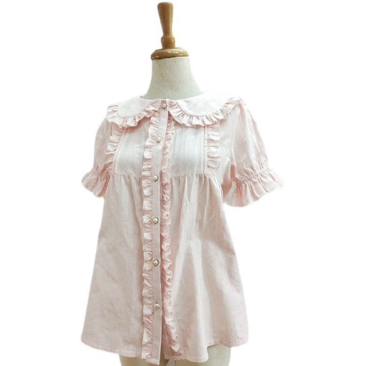 Yilia~Ruffle Lace Lolita Short Sleeve Cotton Shirt XS pink 