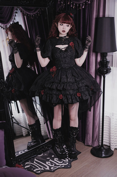 Alice Girl~Gothic Lolita SK Set~Blood Rose Skirt and Corset S black color set 1 (top +skirt+choker+apron yarn veil) 