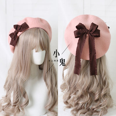 Xiaogui - Sweet Bow Multicolors Lolita Wool Beret M（56-58cm） pink hat with coffee bows