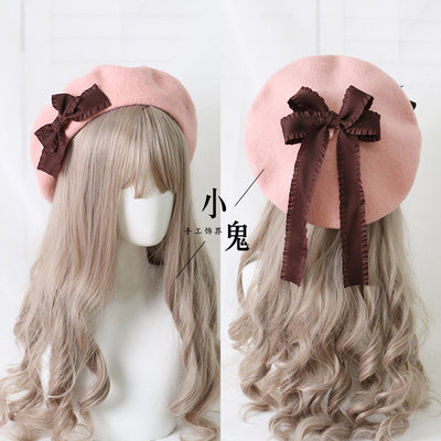 (BuyForMe) Xiaogui~Sweet Bow Multicolors Lolita Wool Beret M（56-58cm） pink hat with coffee bows 