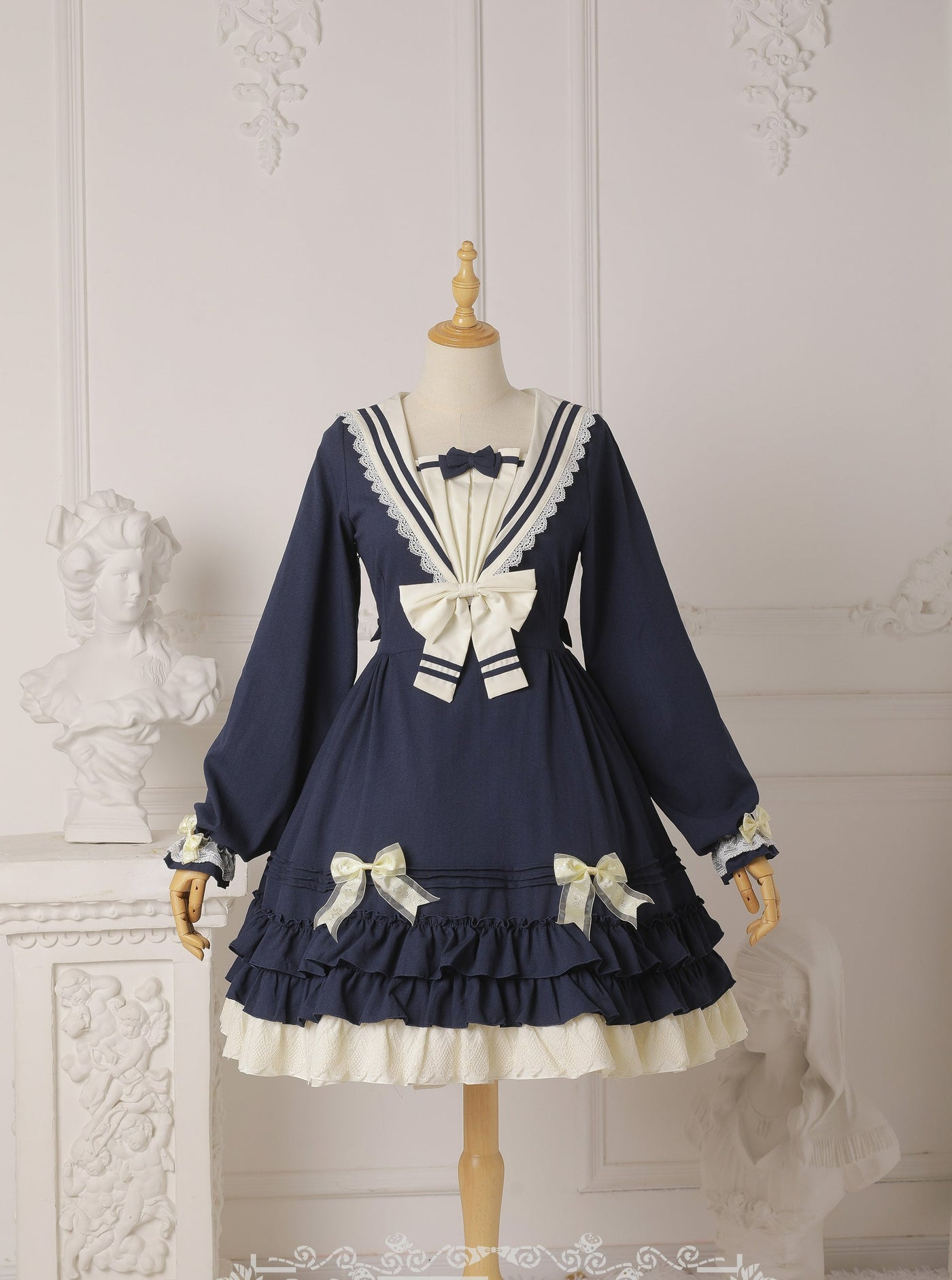 Strawberry Witch~Long Sleeve Sailor Style Lolita OP L navy blue(long sleeve) 