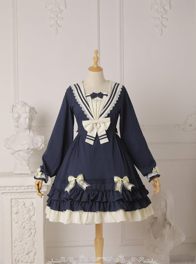 Strawberry Witch~Long Sleeve Sailor Style Lolita OP L navy blue(long sleeve) 