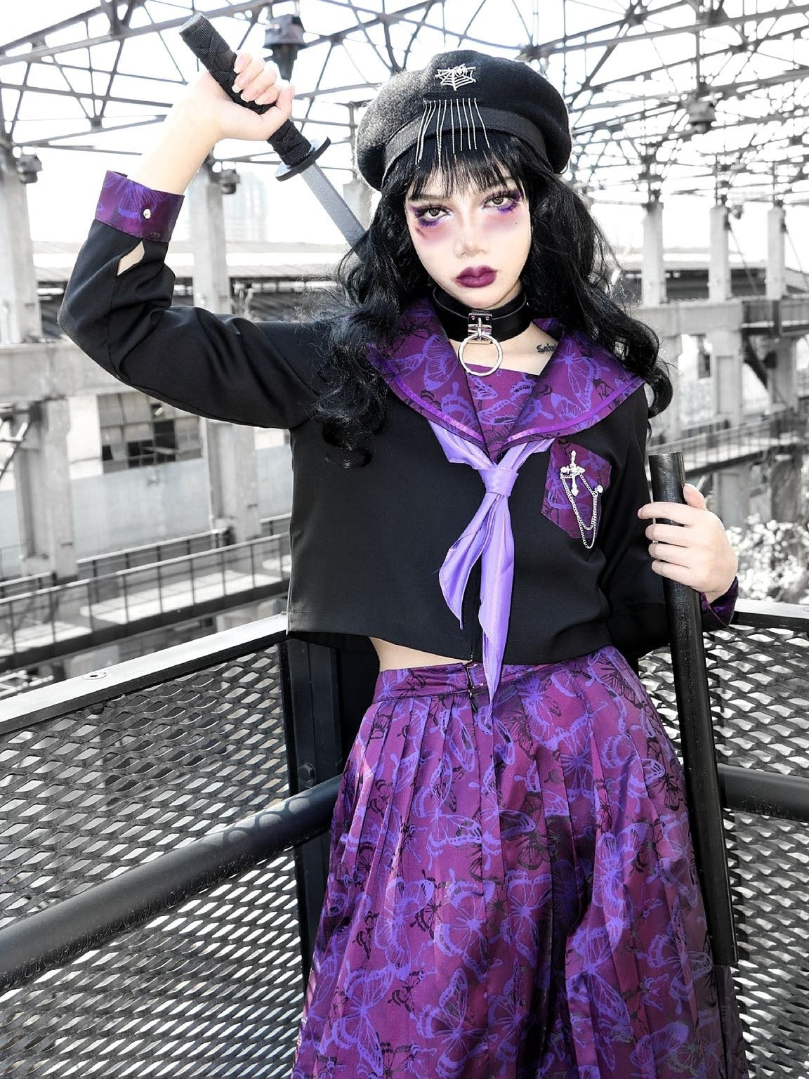 Blood Supply~Missing Purple Butterfly~Dark Purple JK Uniform Sailor Lolita Suit S top + tie 