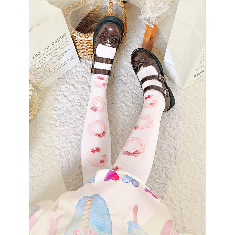Roji roji - Doughnut Printed Velvet Thigh Stockings One Size ivory