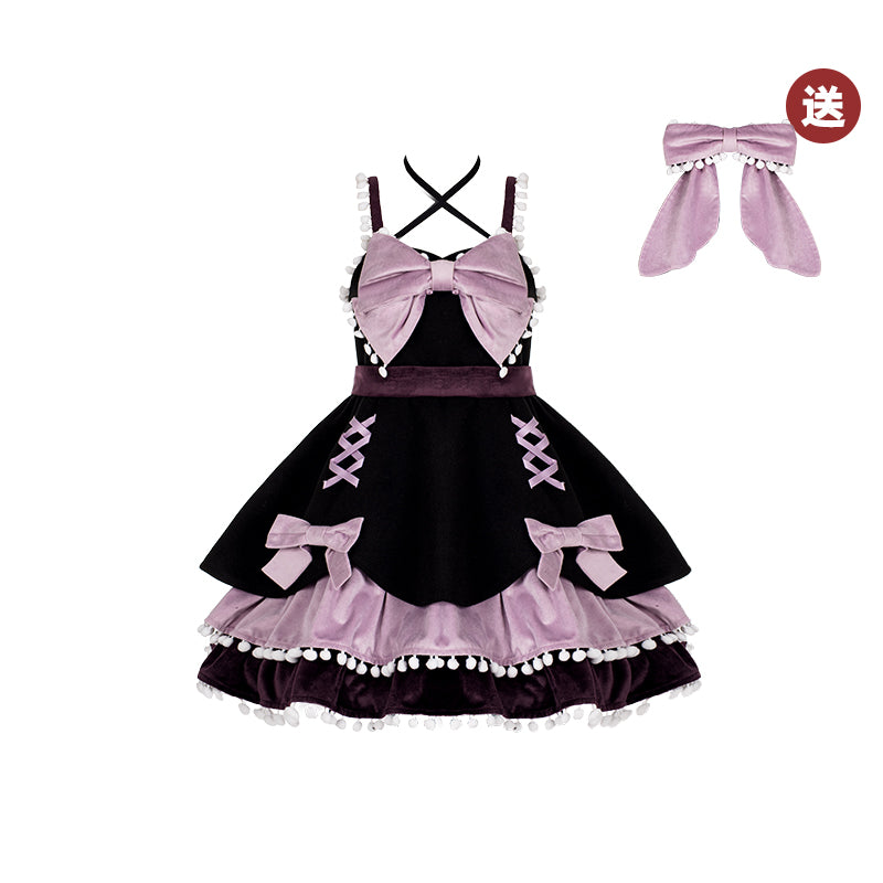 With PUJI~Confession Function~Wool Kawaii Lolita JSK S witch jsk+bow (black purple color) 