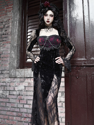 Blood Supply~Rose Cemetery~Gothic Dark Red Velvet Mermaid Dress   