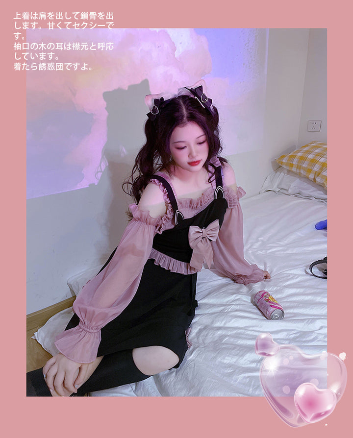 Yingtang~Plus Size Lolita Black Pink Cheongsam Dress Set XL skirt 