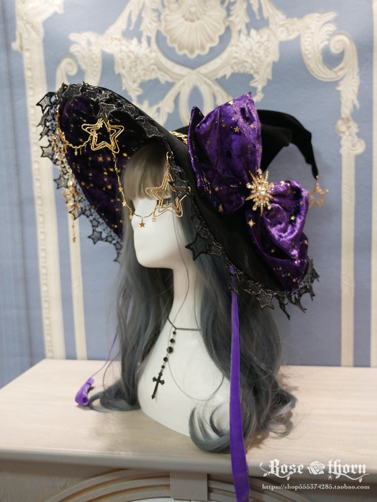 Rose Thorn - Polar Night Sky - Halloween Gorgeous Gilding Lolita Witch Hat Purple (without veil and chain)