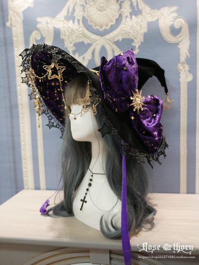 Rose Thorn~Polar Night Sky~Halloween Gorgeous Gilding Lolita Witch Hat Purple (without veils and chain)  