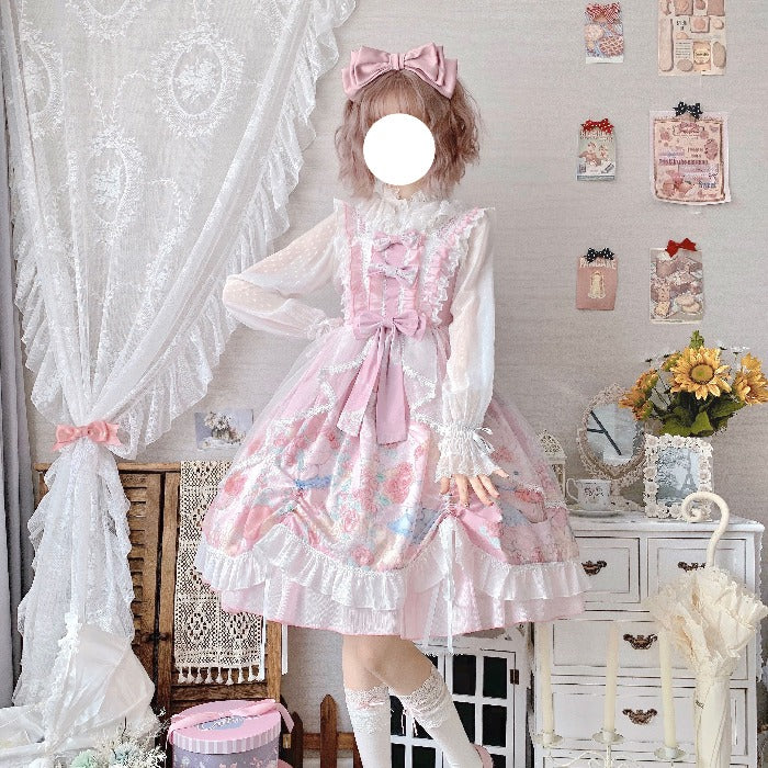 (Buyforme)White Sugar Girl~Lolita Wreath Bunny Printed Summer JSK pink free size 