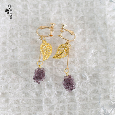 Xiaogui~Grapery Lolita Earring Necklace Lolita Accessory No.9 purple grape with leaf ear clips  