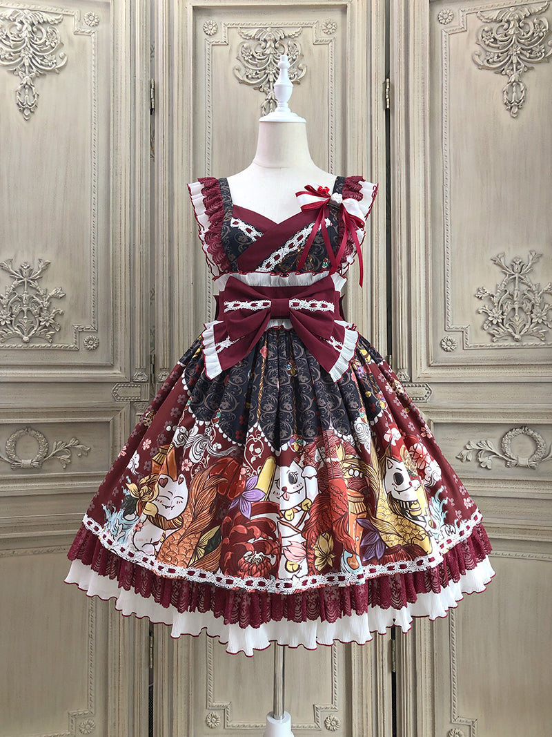 Alice Girl~Lucky Cat~Wa Lolita  Cat Printed Jumper Skirt M black 
