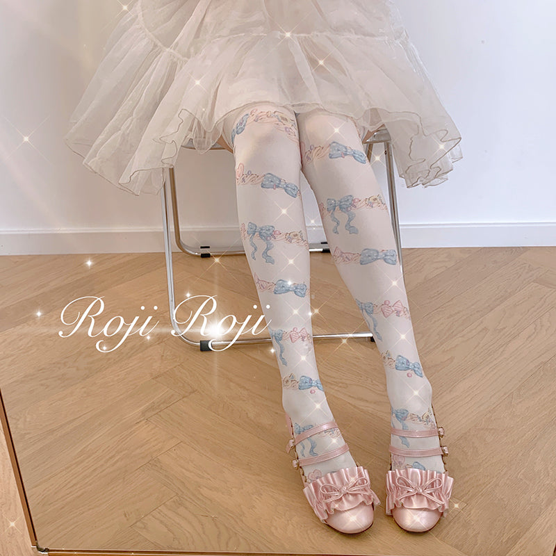 Roji roji~Sweet Over Knee Velvet Lolita Tights free size(over knee) cream cycle 