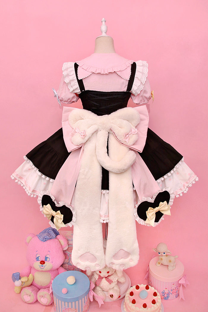 Alice Girl~Kawaii Lolita JSK Dress~Candy Cat Jumper Skirt XS balck-pink（JSK+back bow+tail） 