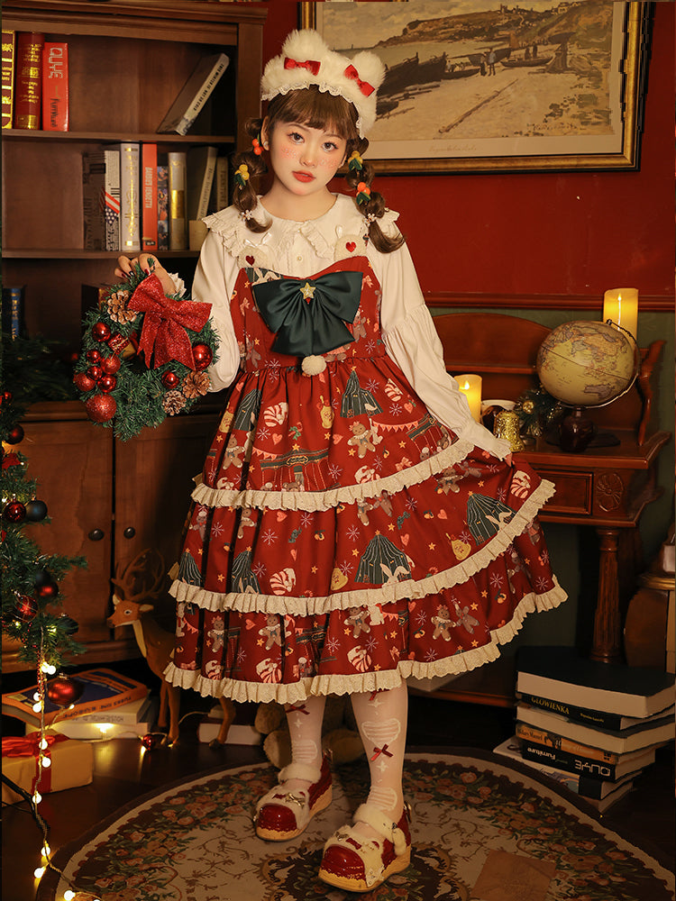 Yingtang~Plus Size Lolita Dress Set Christmas Winter Two-piece   