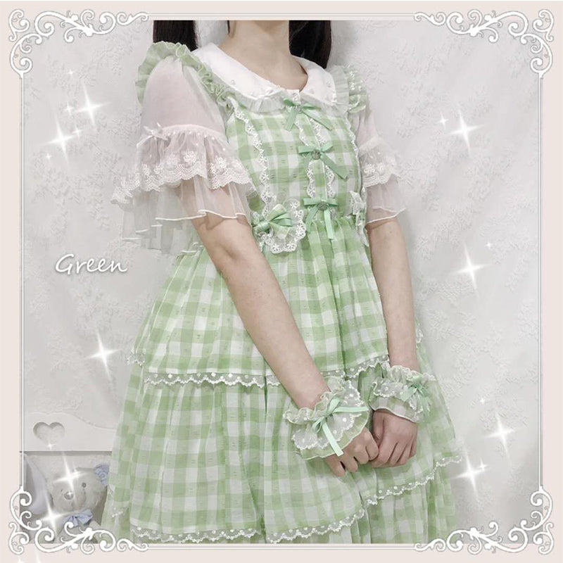 Sakurada Fawn - Plus Size Lolita Jumper Dress Plaid Sweet JSK S green