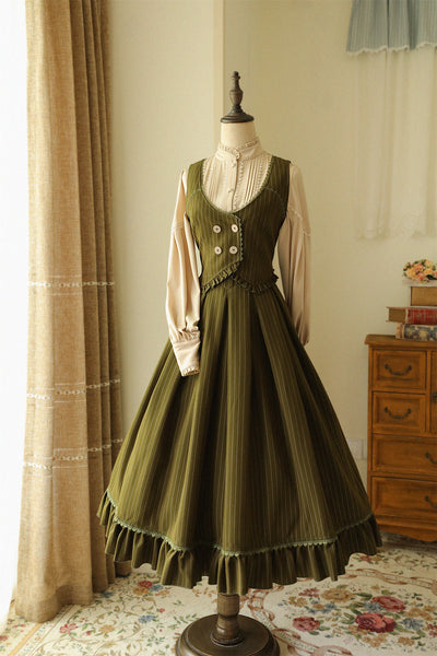 Forest Wardrobe~North of the Forest~Classic Lolita Striped Vest Skirt Set S olive green vest 