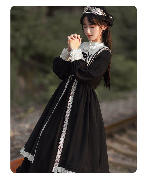 With Puji~Nun Style Lolita Long Sleeve OP Dress   