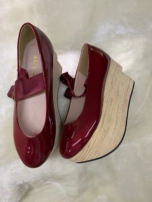 Seventh Sense~Lace Up Japanese Style Wa Lolita Shoes 38 shining wine red leather strap 