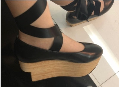 Seventh Sense~Lace Up Japanese Style Wa Lolita Shoes 36 black ribbon strap 