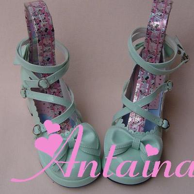 Antaina~Sweet Chunky Heels Lolita Shoes Size 31-36 shining mint green 6.3cm heel 31-33(contact us to tell the size you want) 
