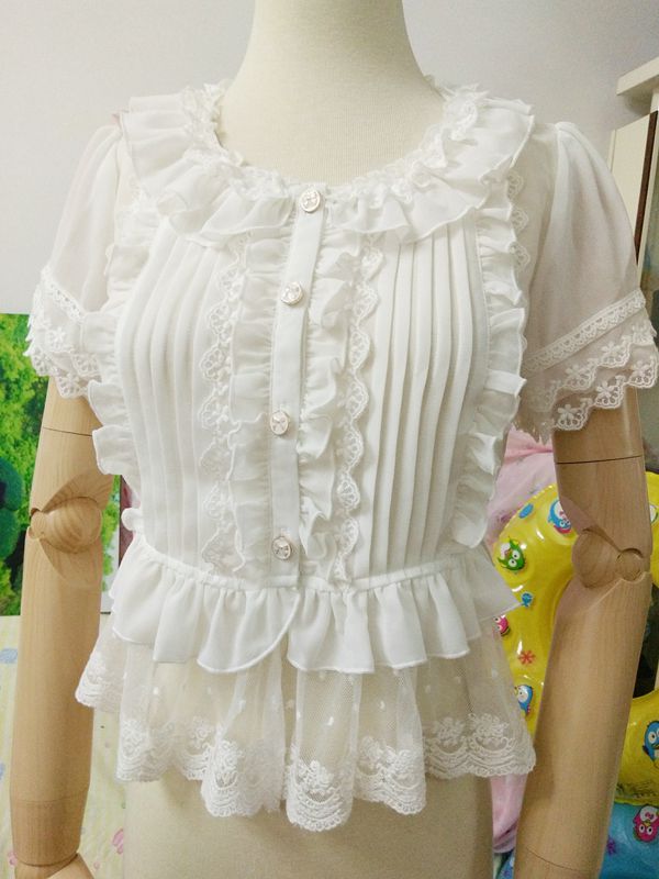 Yilia - Summer Short Sleeve Lace Lolita Blouse XS white