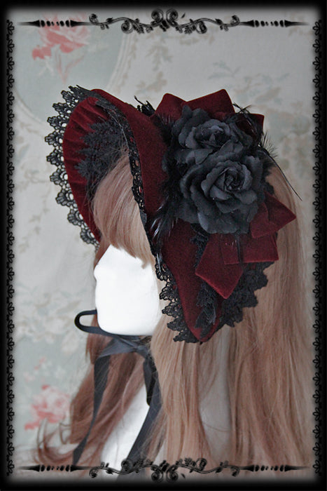 Infanta - Rose Sanctuary - Gothic Lolita Bonnet adjustable dark red without top
