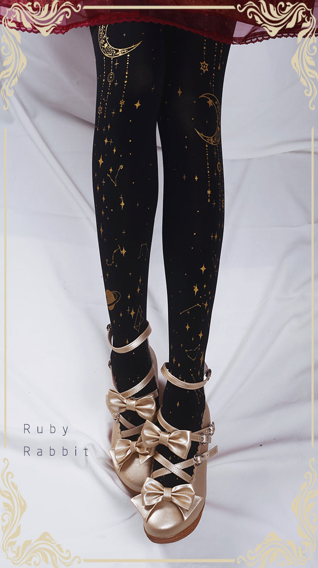 Ruby Rabbit - 120D Velvet Lolita Tights, Gold Foil Print One Size Black x gold