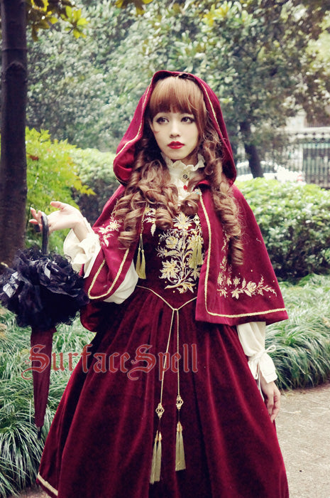 Surface Spell - Bourbon Dynasty - Gothic Embroidery Velvet Cape One Size wine red (cape only)
