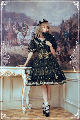 Fantastic Wind ~ Princess Stamping Embroidery  Lolita OP S black gold short sleeves and short dress 