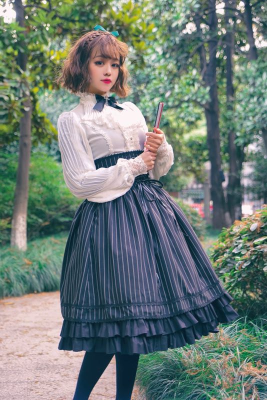 Surface Spell-Gothic Lolita High Waisted Stripe Skirt Customizable S black (L M S XL / black) 4430:11721