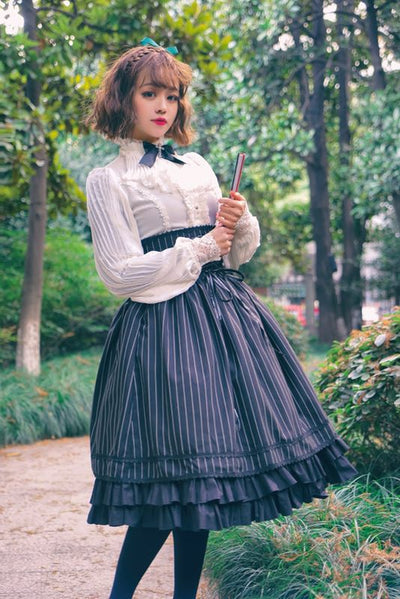 Surface Spell-Gothic Lolita High Waisted Stripe Skirt Customizable S black 