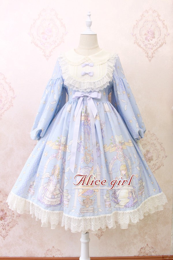 Alice Girl~Sweet Lolita OP Dress Angel Print Lace Ruffle Dress S light blue 