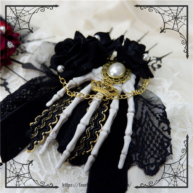 Fox Cherry-Gothic Lolita Rose Hand Bone Hairpins free size black 