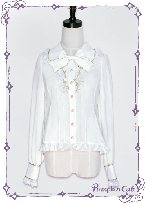 Pumpkin Cat~Gold Trim Long Sleeve Lolita Blouse S white (old version) 
