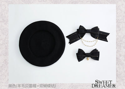 (BuyForMe) SweetDreamer~Vasiliza~Japanese Style Lolita Beret free size black (wool beret+2 bows) 